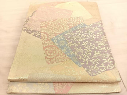 平和屋着物◎六通柄袋帯　色紙重ね花鳥文　金糸　正絹　逸品　BAAV8580hv