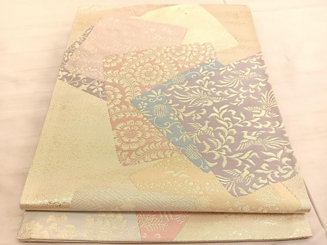 平和屋着物◎六通柄袋帯　色紙重ね花鳥文　金糸　正絹　逸品　BAAV8580hv