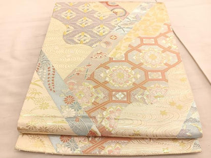 平和屋着物◎六通柄袋帯　唐織　竜田川双鶴花文　金銀糸　正絹　逸品　BAAV8592hv