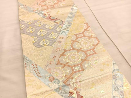 平和屋着物◎六通柄袋帯　唐織　竜田川双鶴花文　金銀糸　正絹　逸品　BAAV8592hv