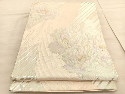 平和屋着物◎六通柄袋帯　ふくれ織　孔雀羽根牡丹文　金銀糸　正絹　逸品　BAAV8596hv