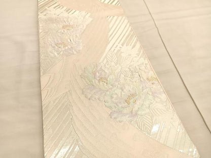 平和屋着物◎六通柄袋帯　ふくれ織　孔雀羽根牡丹文　金銀糸　正絹　逸品　BAAV8596hv