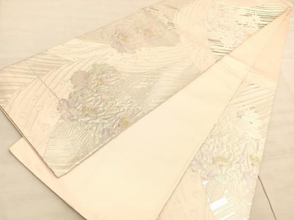 平和屋着物◎六通柄袋帯　ふくれ織　孔雀羽根牡丹文　金銀糸　正絹　逸品　BAAV8596hv
