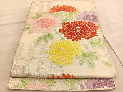 平和屋着物◎六通柄袋帯　唐織　菊　銀糸　正絹　逸品　BAAV8625hv