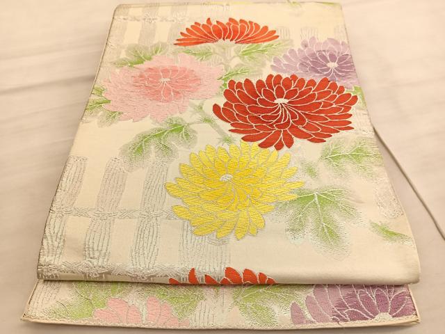 平和屋着物◎六通柄袋帯　唐織　菊　銀糸　正絹　逸品　BAAV8625hv