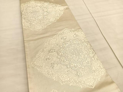 平和屋着物◎六通柄袋帯　唐織　花菱文　銀糸　正絹　逸品　BAAV8632hv