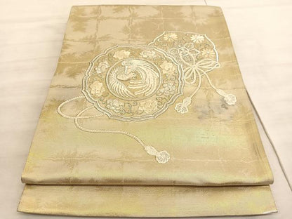 平和屋着物◎太鼓柄袋帯 刺繍 鳳凰鏡裏花文 金銀糸 引箔 正絹 逸品 BAAV8640hv