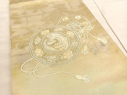 平和屋着物◎太鼓柄袋帯 刺繍 鳳凰鏡裏花文 金銀糸 引箔 正絹 逸品 BAAV8640hv