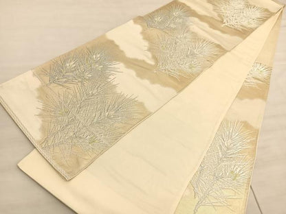 平和屋着物◎六通柄袋帯　唐織　若松葉　銀糸　正絹　逸品　BAAV8647hv