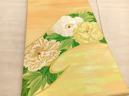 平和屋着物▼西陣の名門　本家加納謹製　太鼓柄袋帯　刺繍　牡丹　金銀糸　引箔　正絹　逸品　BAAV8648hv