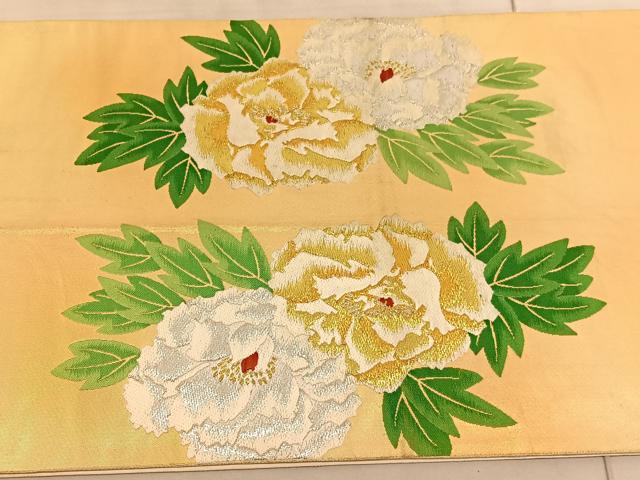 平和屋着物▼西陣の名門　本家加納謹製　太鼓柄袋帯　刺繍　牡丹　金銀糸　引箔　正絹　逸品　BAAV8648hv