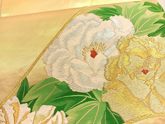 平和屋着物▼西陣の名門　本家加納謹製　太鼓柄袋帯　刺繍　牡丹　金銀糸　引箔　正絹　逸品　BAAV8648hv
