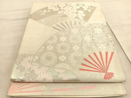 平和屋着物◎六通柄袋帯　唐織　扇面蜀江花文　銀糸　正絹　逸品　BAAV8649hv