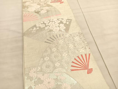 平和屋着物◎六通柄袋帯　唐織　扇面蜀江花文　銀糸　正絹　逸品　BAAV8649hv