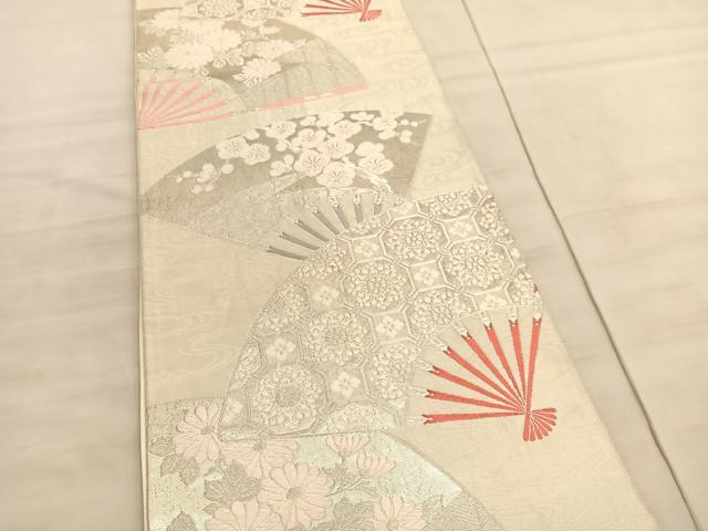 平和屋着物◎六通柄袋帯　唐織　扇面蜀江花文　銀糸　正絹　逸品　BAAV8649hv