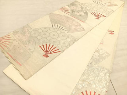 平和屋着物◎六通柄袋帯　唐織　扇面蜀江花文　銀糸　正絹　逸品　BAAV8649hv