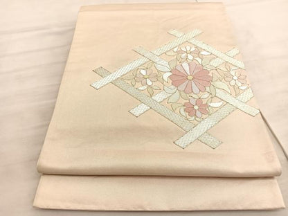 平和屋着物◎太鼓柄袋帯　駒刺繍　花菱文　銀糸　引箔　正絹　逸品　BAAV8650hv