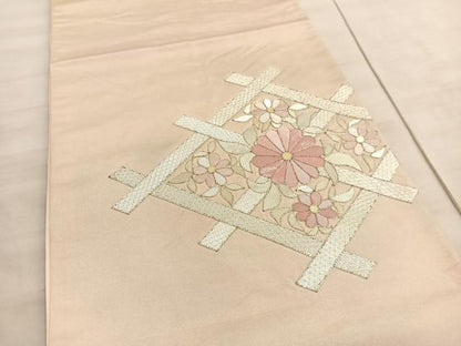 平和屋着物◎太鼓柄袋帯　駒刺繍　花菱文　銀糸　引箔　正絹　逸品　BAAV8650hv