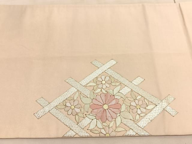 平和屋着物◎太鼓柄袋帯　駒刺繍　花菱文　銀糸　引箔　正絹　逸品　BAAV8650hv