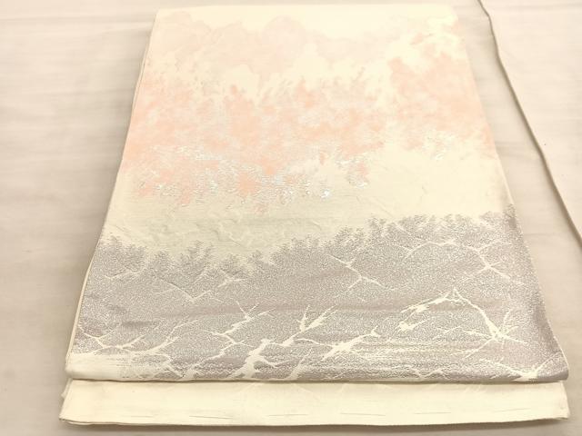 平和屋着物◎六通柄袋帯　ふくれ織　山脈　銀糸　正絹　逸品　BAAV8657hv