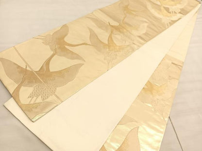 平和屋着物◎六通柄袋帯　手織　飛鶴文　金糸　正絹　逸品　BAAV8663hv