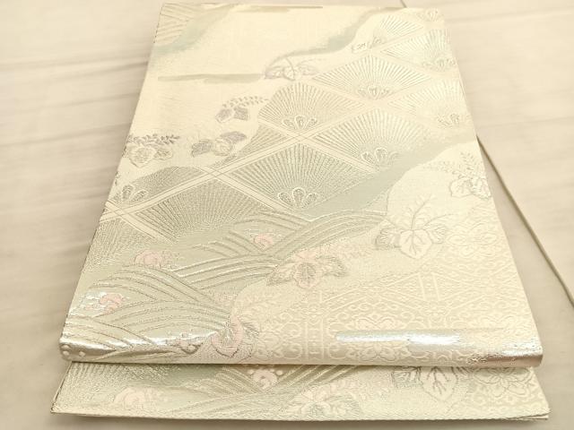 平和屋着物◎六通柄袋帯　唐織　道長若松葉菱文　銀糸　正絹　逸品　BAAV8671hv