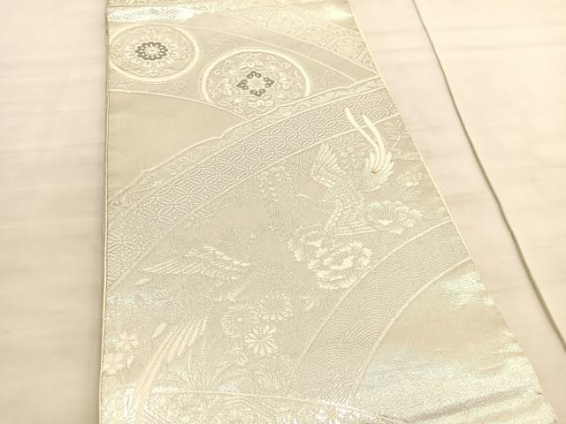平和屋着物◎六通柄袋帯　唐織　尾長鳥花文　プラチナ銀箔二重織　正絹　逸品　BAAV8672hv