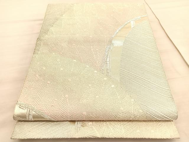 平和屋着物◎六通柄袋帯　唐織　彩華　孔雀羽根渡橋文　銀糸　正絹　逸品　BAAV8673hv