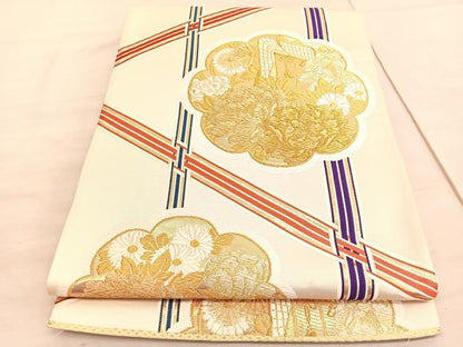 平和屋着物◎六通柄袋帯　唐織　御所車牡丹文　金銀糸　正絹　逸品　BAAV8677hv