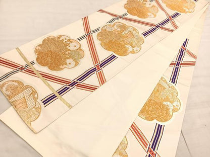 平和屋着物◎六通柄袋帯　唐織　御所車牡丹文　金銀糸　正絹　逸品　BAAV8677hv