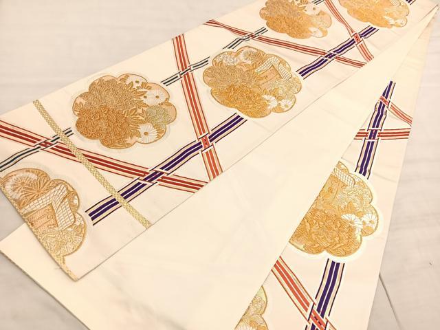 平和屋着物◎六通柄袋帯　唐織　御所車牡丹文　金銀糸　正絹　逸品　BAAV8677hv