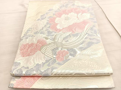 平和屋着物◎六通柄袋帯　唐織　尾長鳥牡丹文　銀糸　正絹　逸品　BAAV8686hv