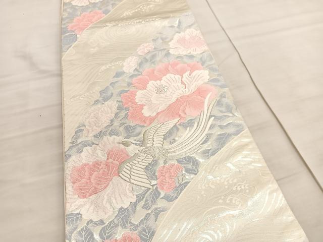 平和屋着物◎六通柄袋帯　唐織　尾長鳥牡丹文　銀糸　正絹　逸品　BAAV8686hv