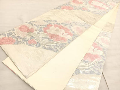 平和屋着物◎六通柄袋帯　唐織　尾長鳥牡丹文　銀糸　正絹　逸品　BAAV8686hv