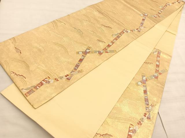平和屋着物◎六通柄袋帯　唐織　立波横笛花文　本うるし箔　正絹　逸品　BAAV8693hv