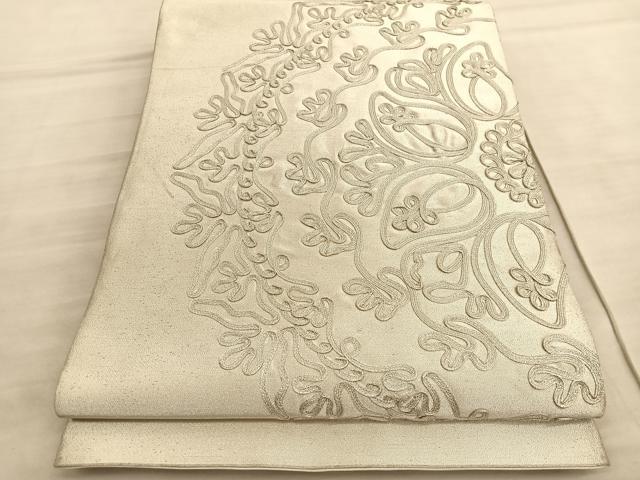 平和屋着物◎太鼓柄袋帯　総刺繍　飾花文　銀糸　正絹　逸品　BAAV8694hv