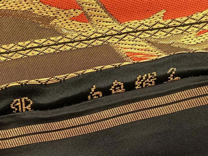 平和屋着物◎西陣　服部織物謹製　六通柄袋帯　唐織　白鳥緞子　飛鶴文　黒地　金銀糸　正絹　逸品　BAAV8706hv