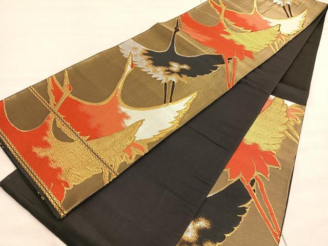 平和屋着物◎西陣　服部織物謹製　六通柄袋帯　唐織　白鳥緞子　飛鶴文　黒地　金銀糸　正絹　逸品　BAAV8706hv