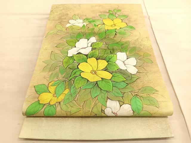 平和屋着物◎太鼓柄袋帯　手描き　草花文　金糸　引箔　正絹　逸品　BAAV8708hv