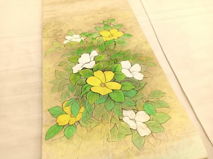 平和屋着物◎太鼓柄袋帯　手描き　草花文　金糸　引箔　正絹　逸品　BAAV8708hv