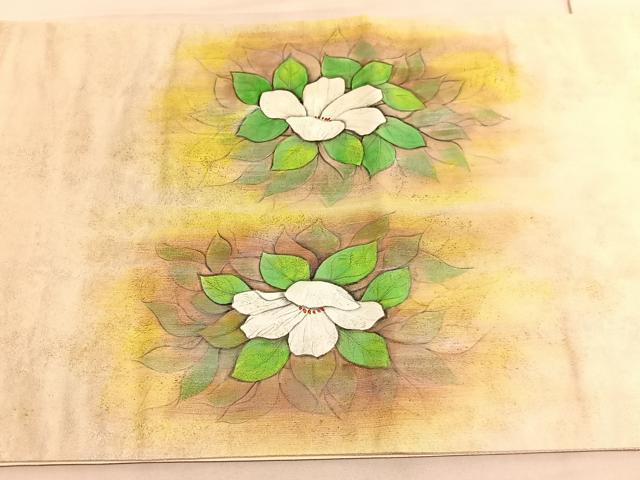 平和屋着物◎太鼓柄袋帯　手描き　草花文　金糸　引箔　正絹　逸品　BAAV8708hv