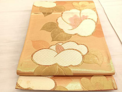 平和屋着物◎六通柄袋帯　唐織　椿　金糸　正絹　逸品　BAAV8725hv