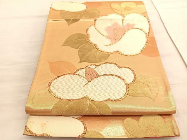 平和屋着物◎六通柄袋帯　唐織　椿　金糸　正絹　逸品　BAAV8725hv