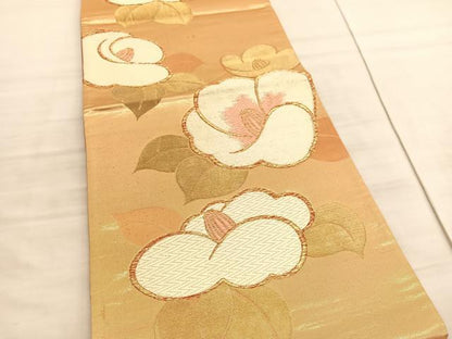 平和屋着物◎六通柄袋帯　唐織　椿　金糸　正絹　逸品　BAAV8725hv