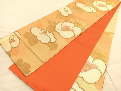 平和屋着物◎六通柄袋帯　唐織　椿　金糸　正絹　逸品　BAAV8725hv
