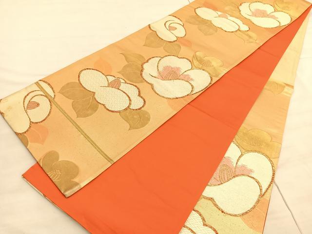 平和屋着物◎六通柄袋帯　唐織　椿　金糸　正絹　逸品　BAAV8725hv