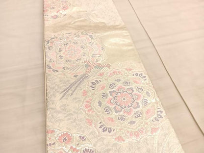 平和屋着物◎六通柄袋帯　唐織　宝相華尾長鳥花文　銀糸　正絹　逸品　BAAV8734hv