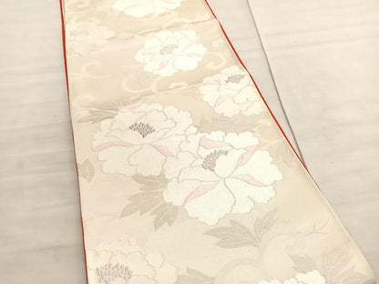 平和屋着物◎西陣　六通柄袋帯　唐織　牡丹　銀糸　正絹　逸品　BAAV8737hv