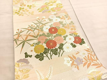 平和屋着物◎六通柄袋帯　唐織　霞秋草文　金糸　正絹　逸品　BAAV8742hv