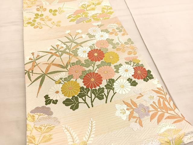 平和屋着物◎六通柄袋帯　唐織　霞秋草文　金糸　正絹　逸品　BAAV8742hv
